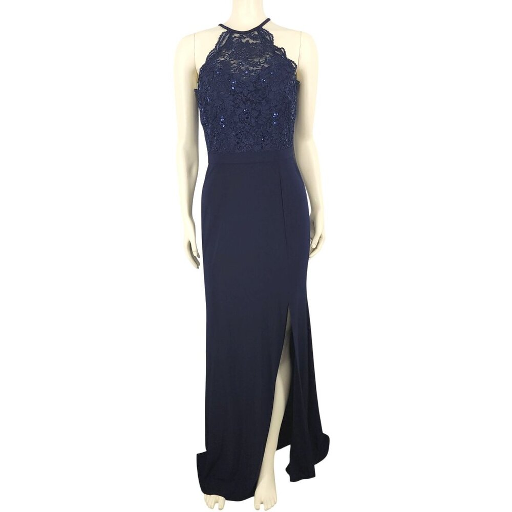 Vintage Y2K Morgan & Co Navy Blue Lace Top Sequined Size 5/6 Long Dress Formal